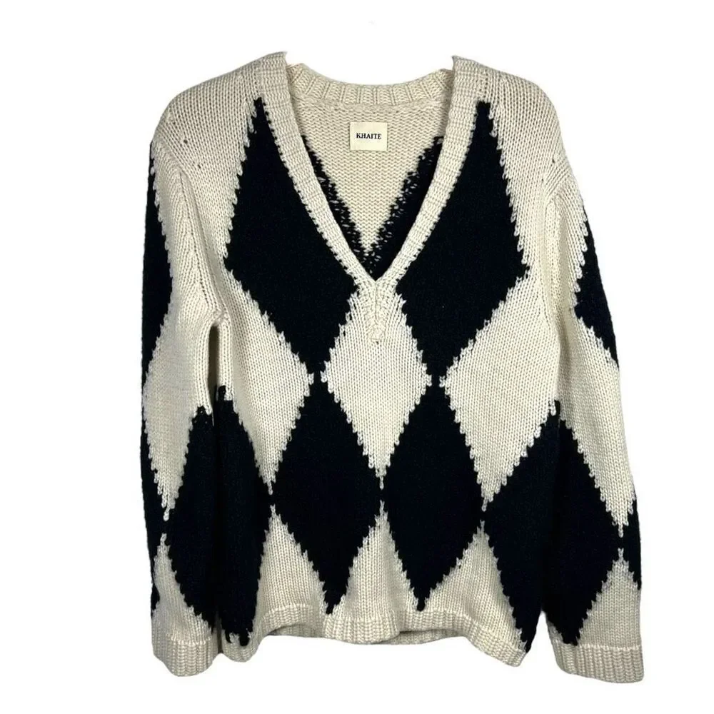 KHAITE The Valerie Argyle 100% Cashmere Academia Sweater Cream V Neck Size XS - Picture 7 of 12